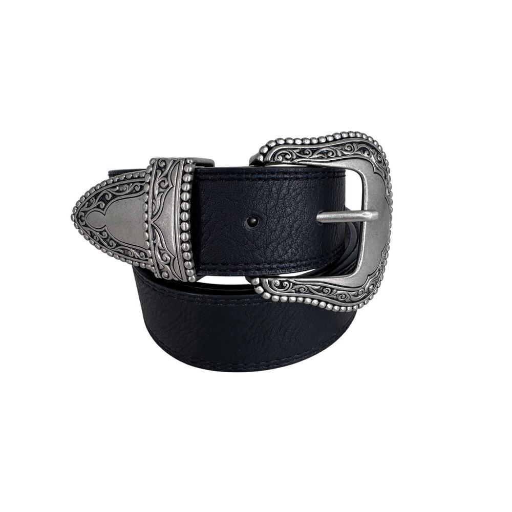 Vince Camuto belt large western ornate silver tone buckle vegan black leather